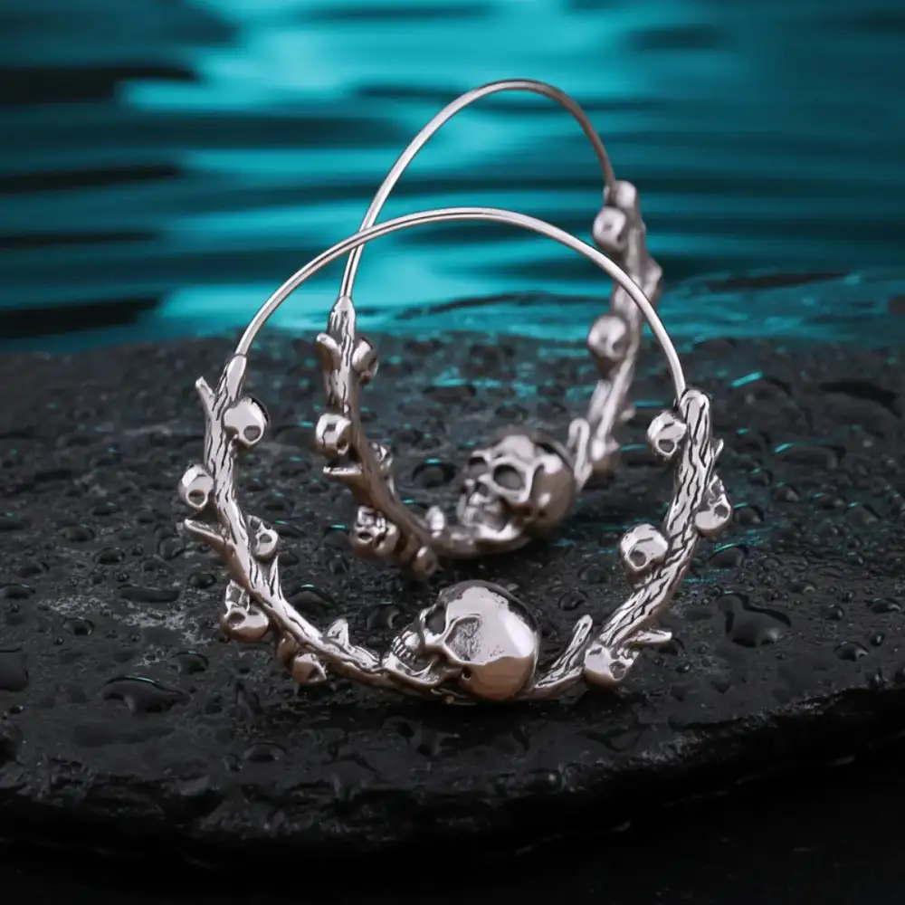 Men's Steel Skulls On Branch Hoop Earrings