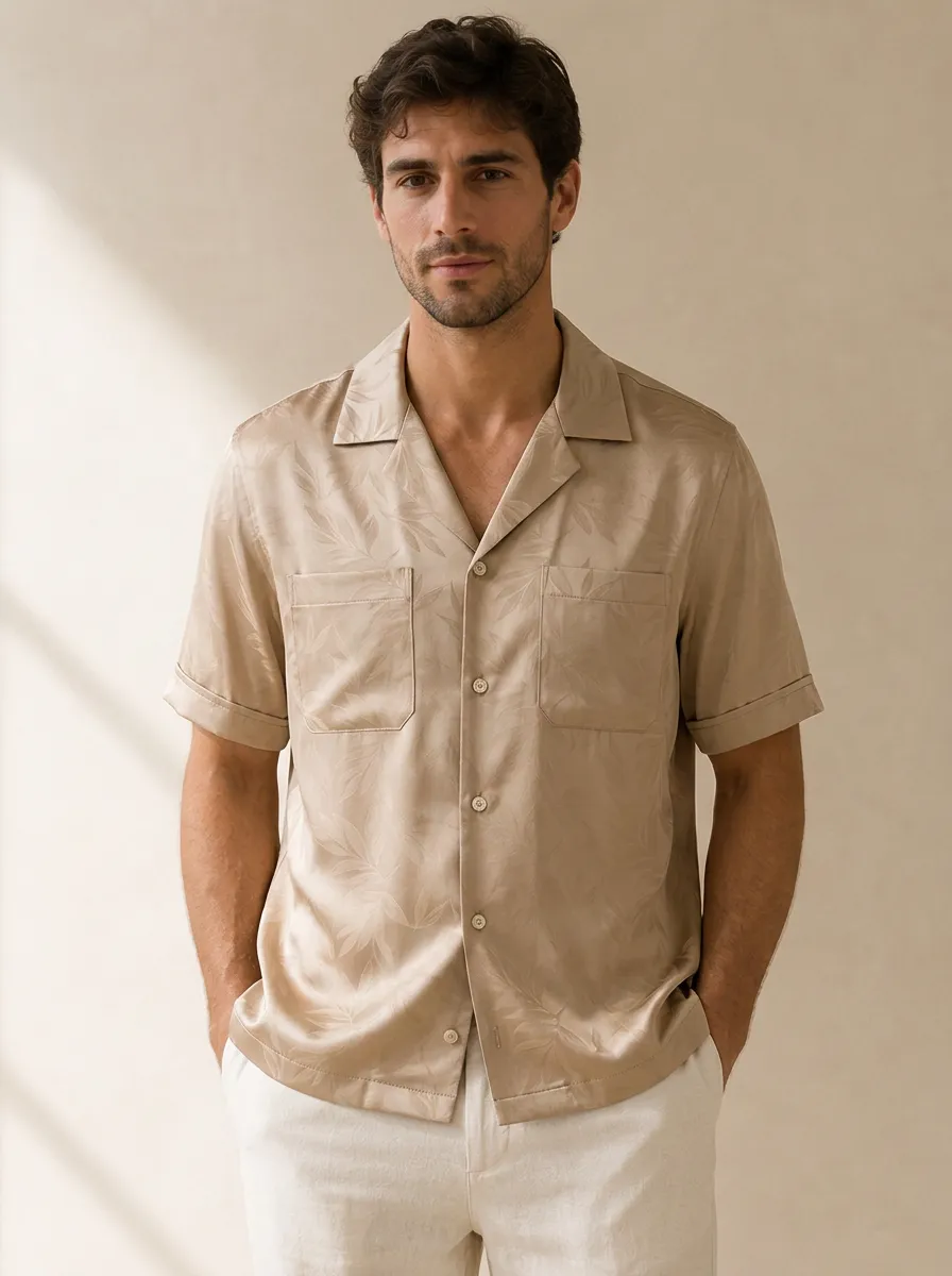 Men's Minimalist Beige Leaf Pattern Printed Camp Collar Shirt