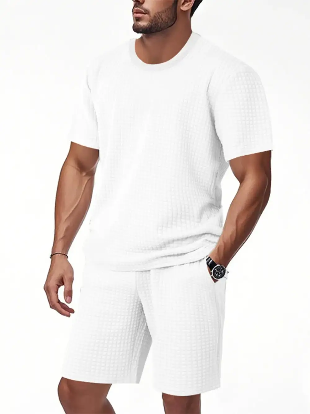 Textured Round Neck Top and Shorts Set