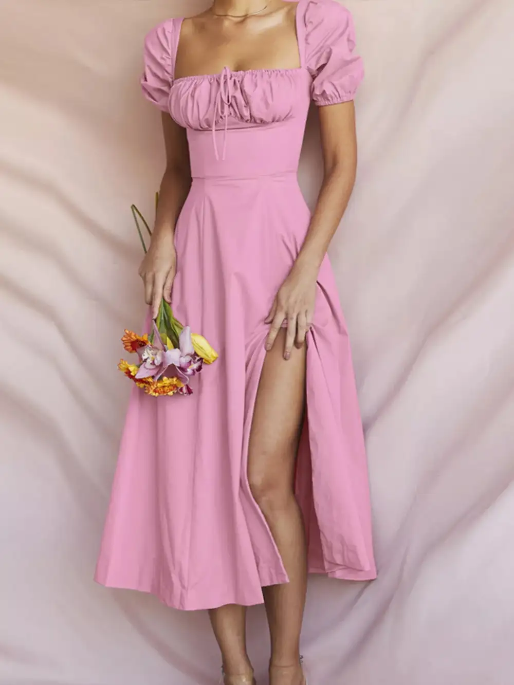 Slit Short Sleeve Midi Dress