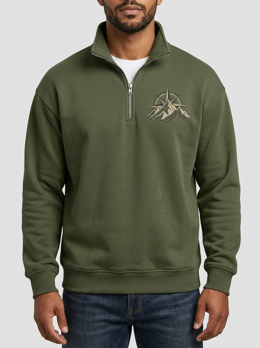 Men's Stone Outdoor Mountain Compass Graphic Quarter-Zip-Neck Sweatshirt