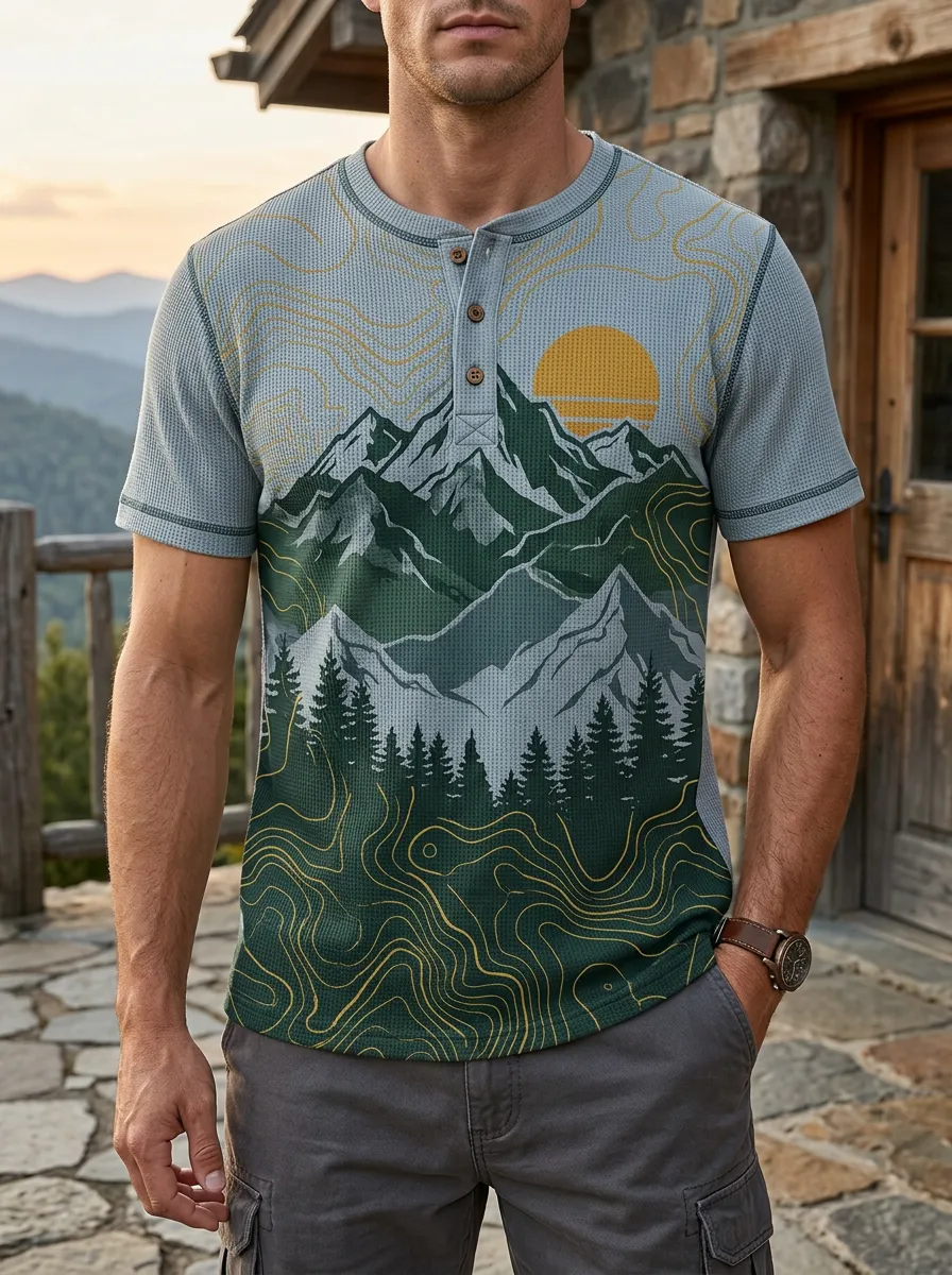 Men's Mountain Hiking Nature Lover Topographic Printed Henley T-shirt