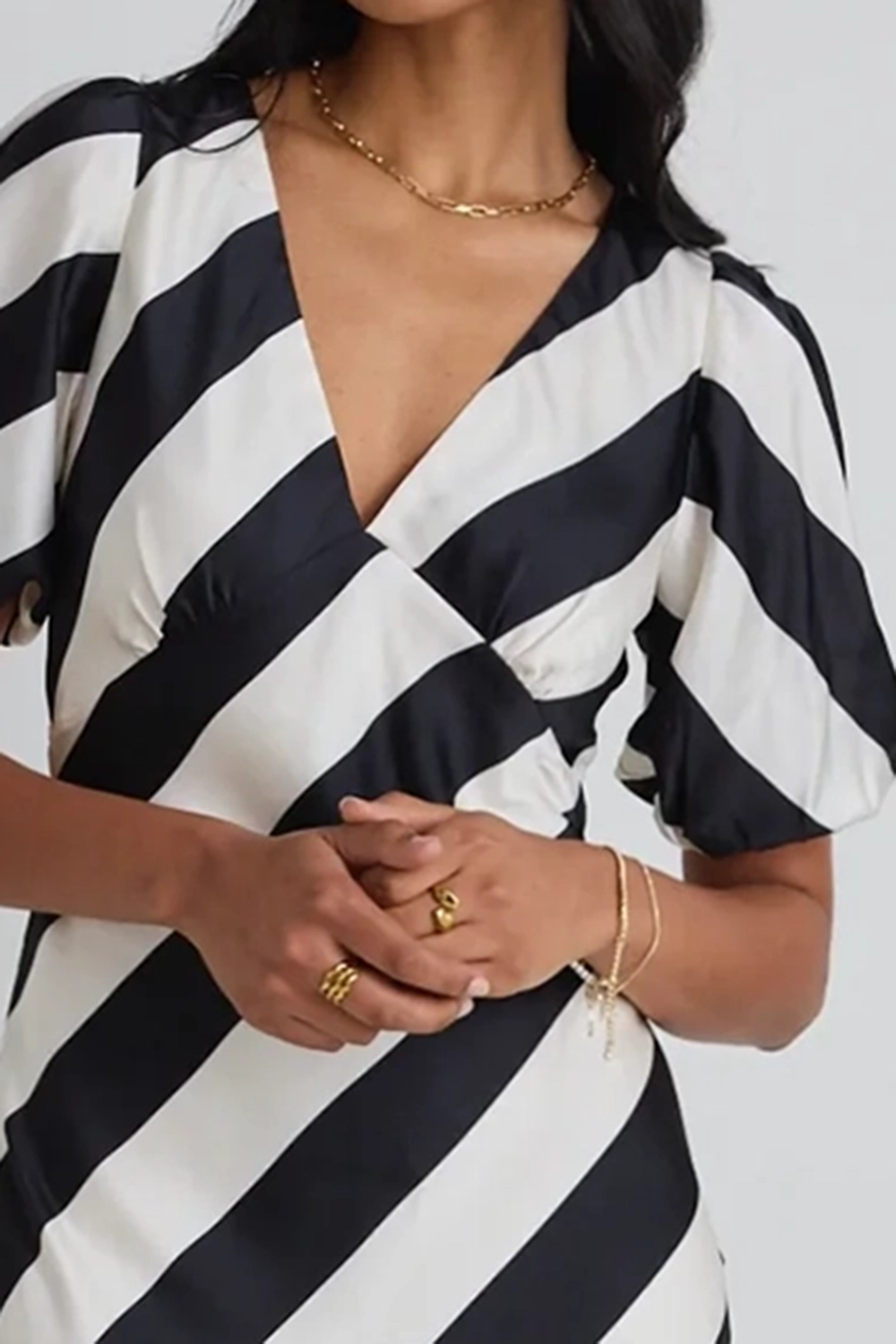 Striped V - Neck Short - Sleeve Maxi Dress