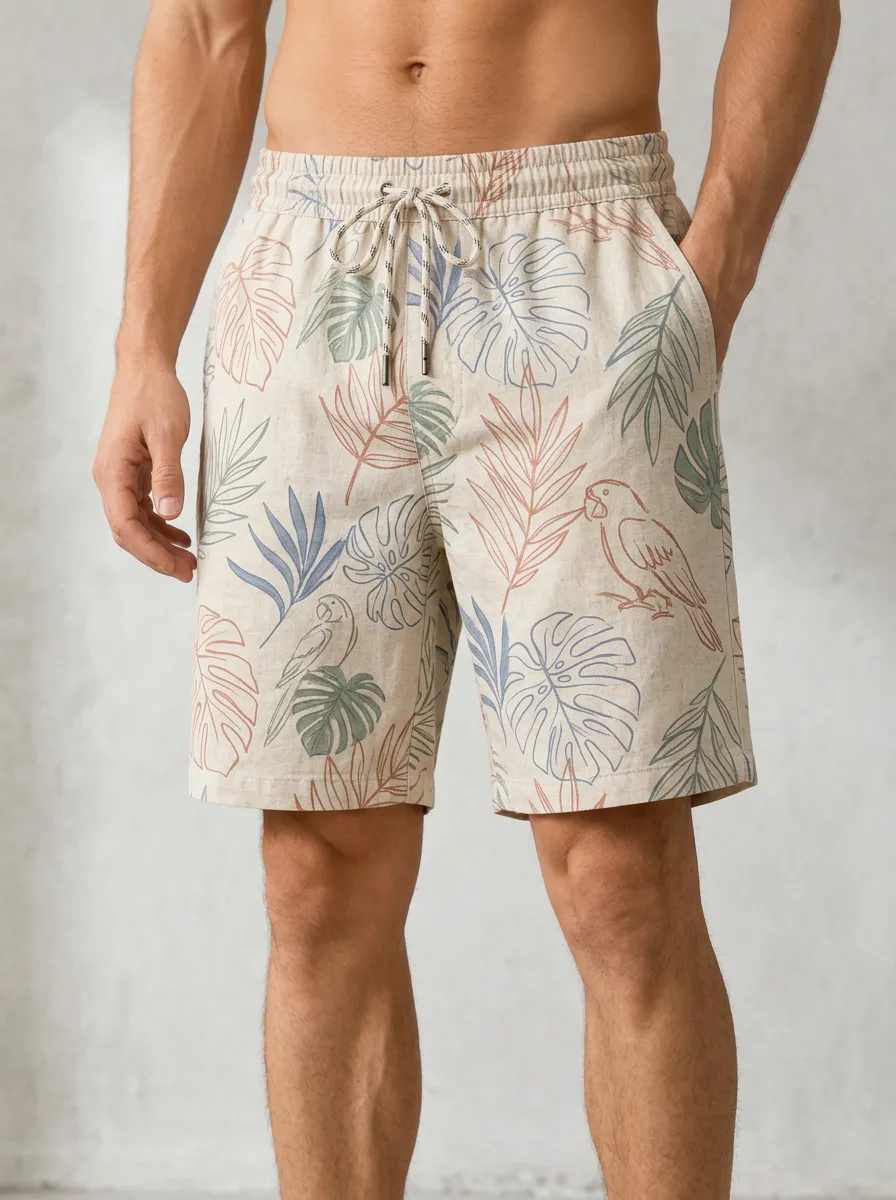 Men's Tropical Vacation Parrot and Leaf Printed Shorts
