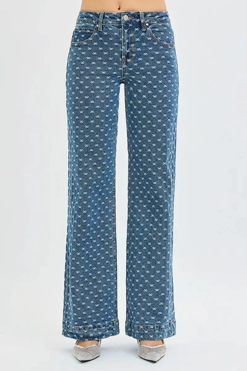 High Rise Bow Detail Embroidered Wide Leg Jeans