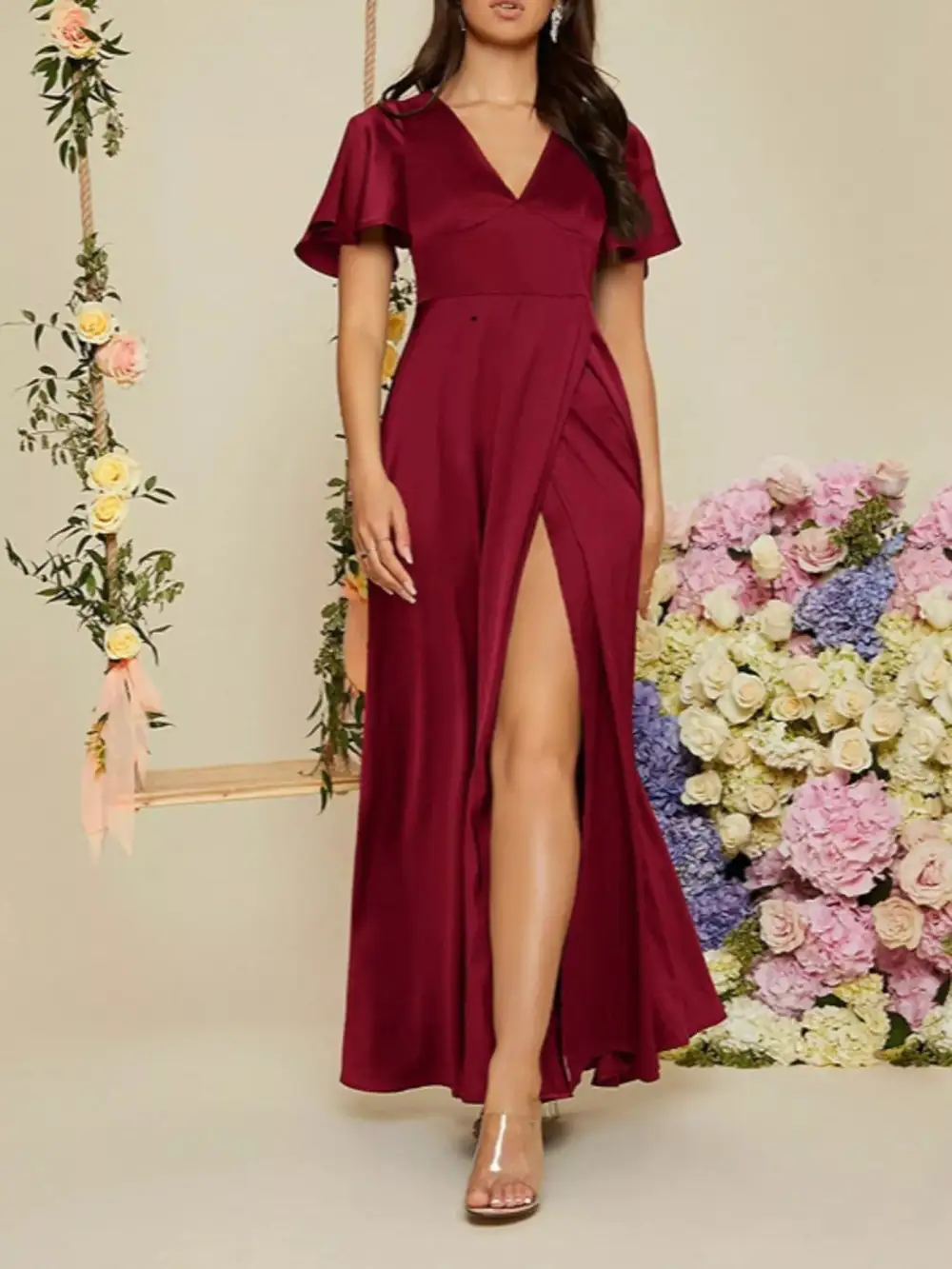 Slit Flutter Sleeve Maxi Dress