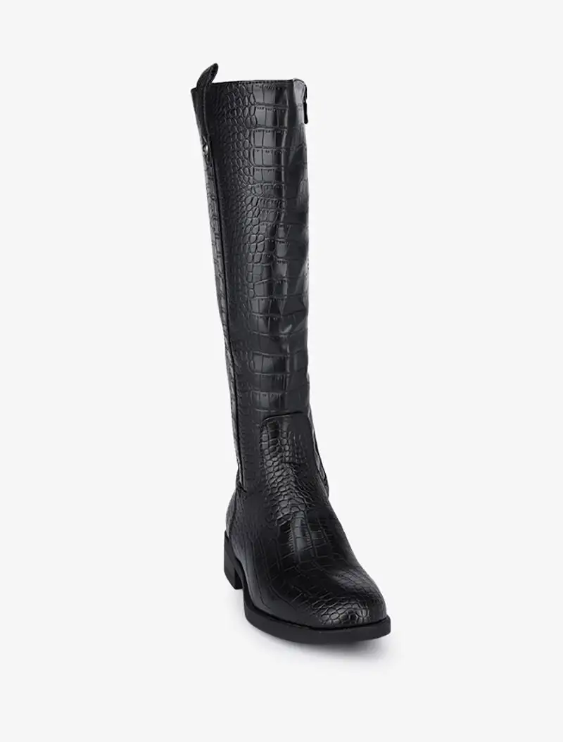Classic Minimal Block Heel Faux Leather Knee High Boots