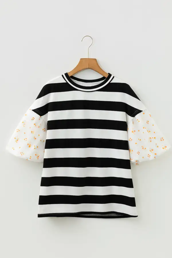 Black Stripe Floral Print Puff Sleeve Patchwork Blouse