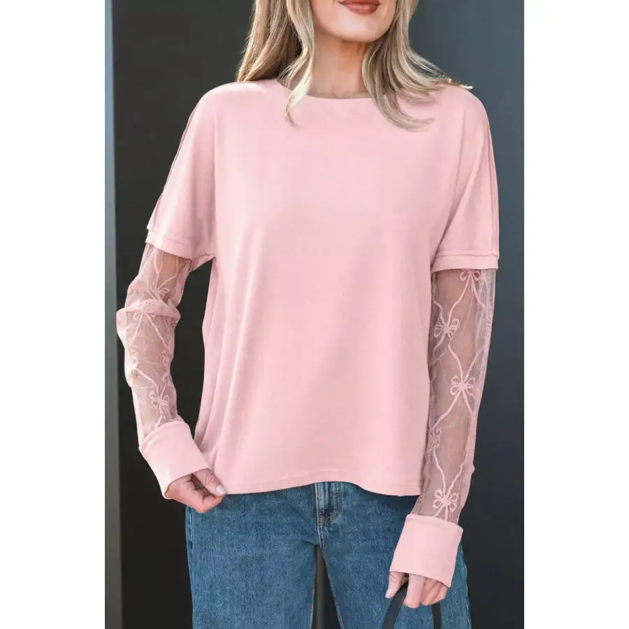 Relaxed Bow Textured Patchwork Long Sleeve Tee