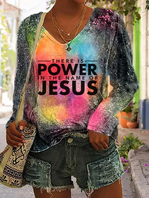 Women's There is Power in the Name of Jesus Tie Dye V-Neck T-Shirt