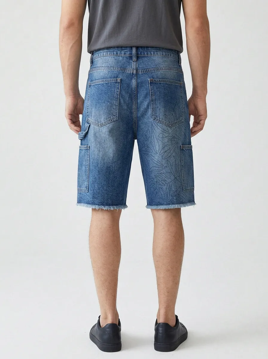 Mobility-Focused Raw Hem Printed Trail Style Men's Distressed Raw Hem Denim Shorts
