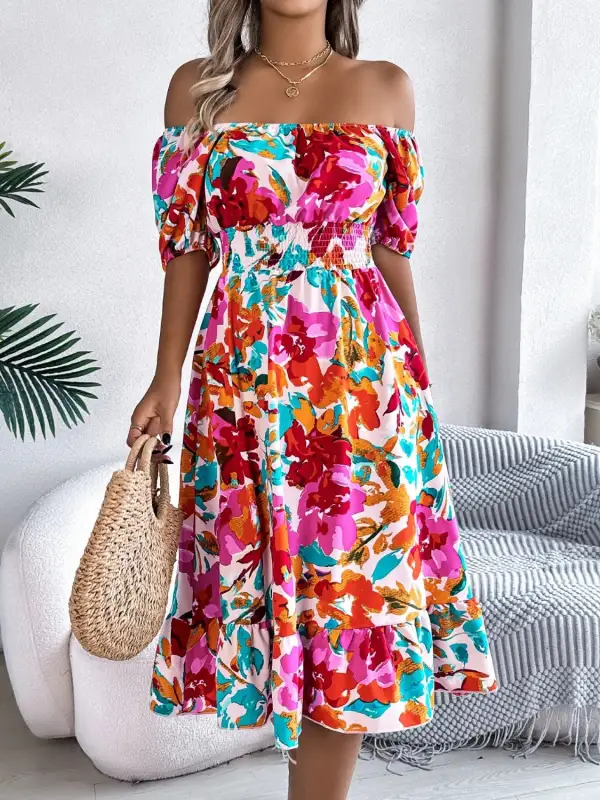 Textured Ruffle Trim Smocked Dress