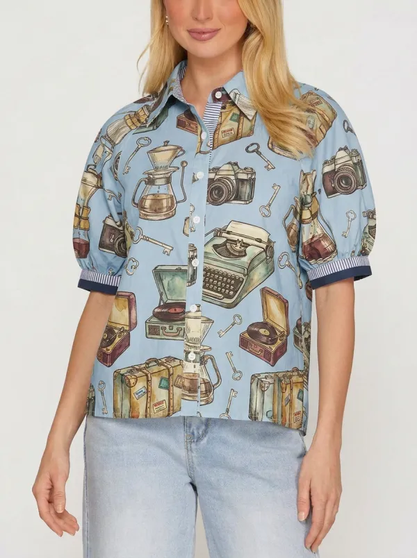 Women's Vintage Hobbyist Camera Typewriter Printed Shirt