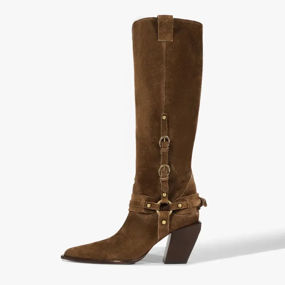 Faux-Suede Buckle-Detail Pointed-Toe Block-Heel Knee-Length Western Boots