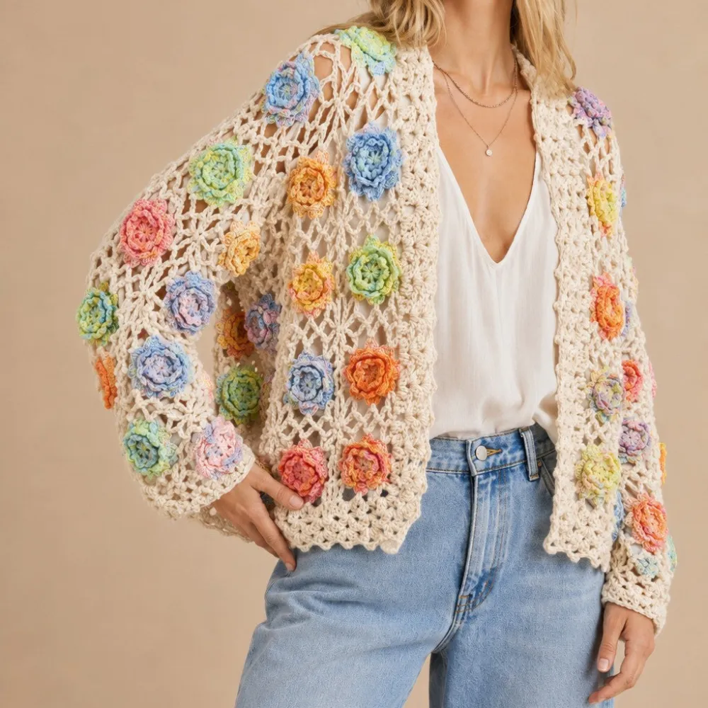Open Front Crochet Floral Detail Scalloped Edge Cardigan