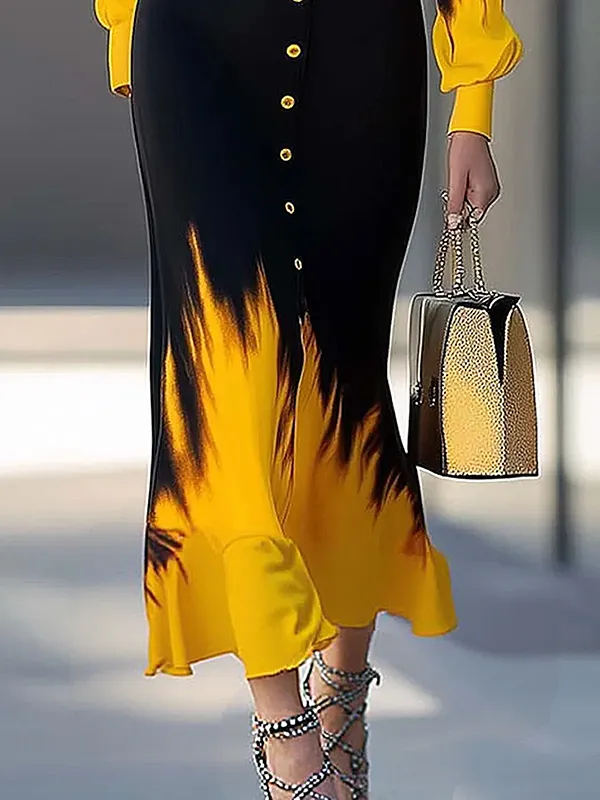 Printed Buttoned Long Shirt Maxi Dress