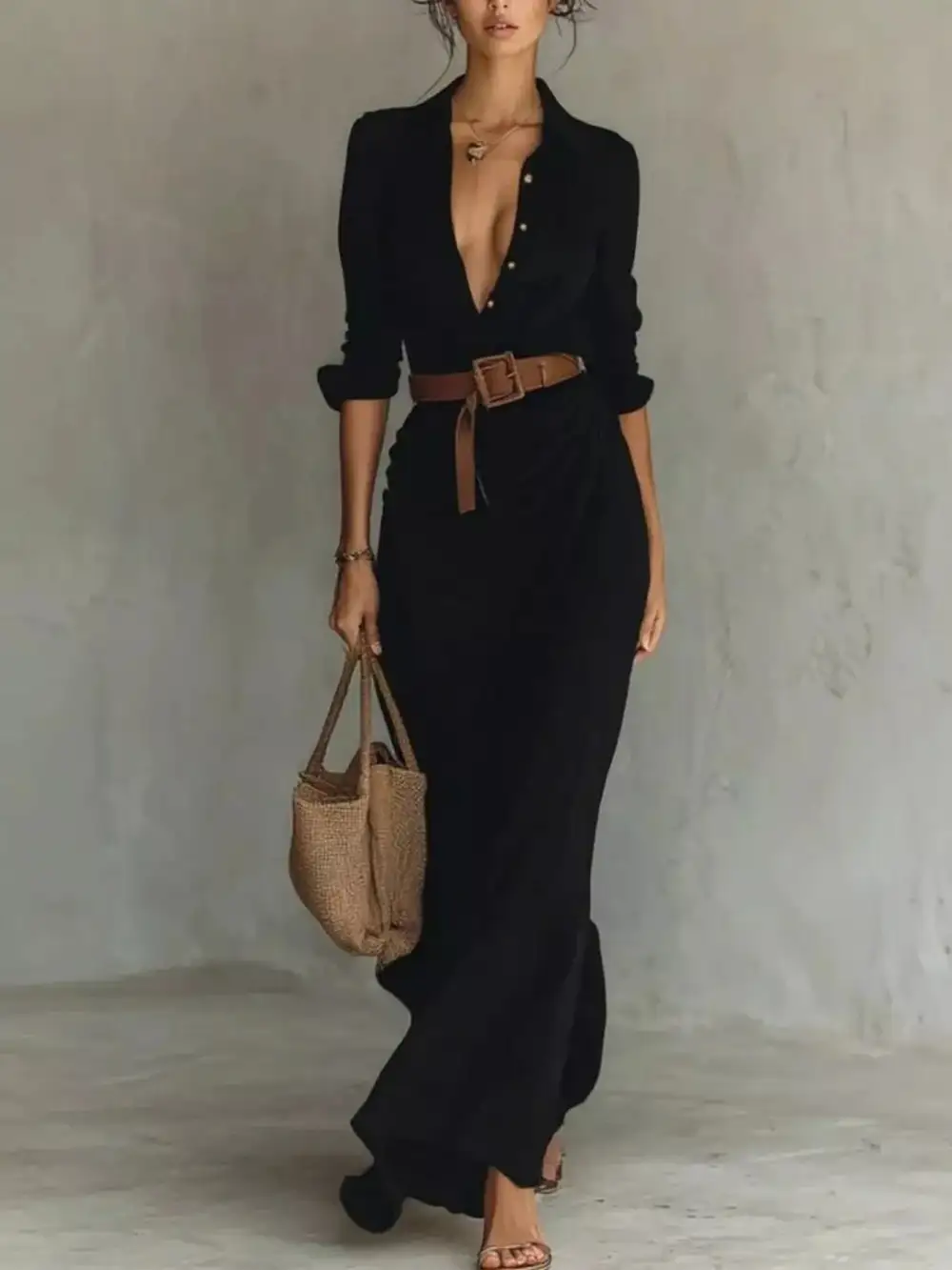 Gathered Detail Ruched Long Sleeve Maxi Dress