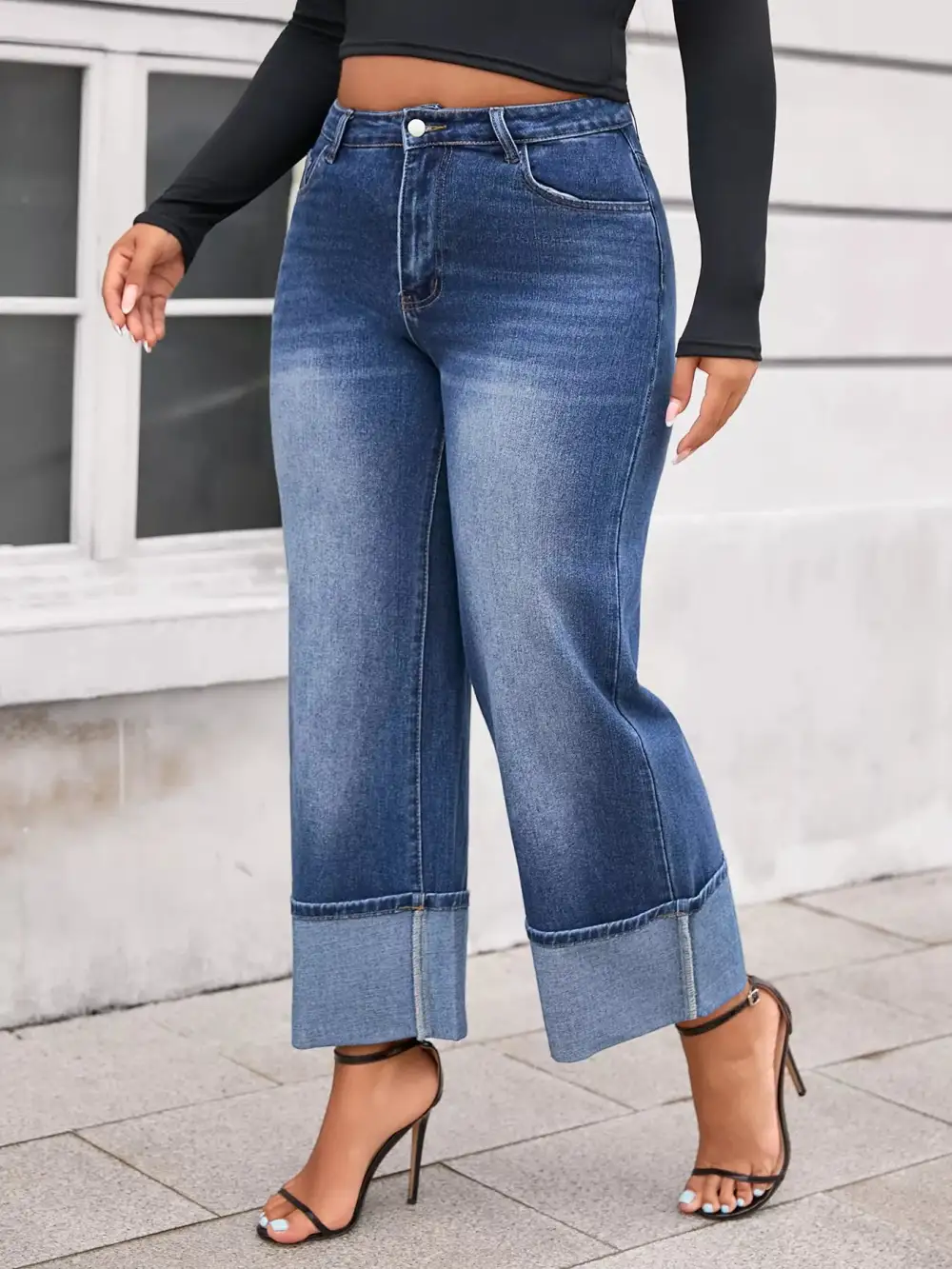Structured High Waist Wide Leg Cuffed Denim Jeans