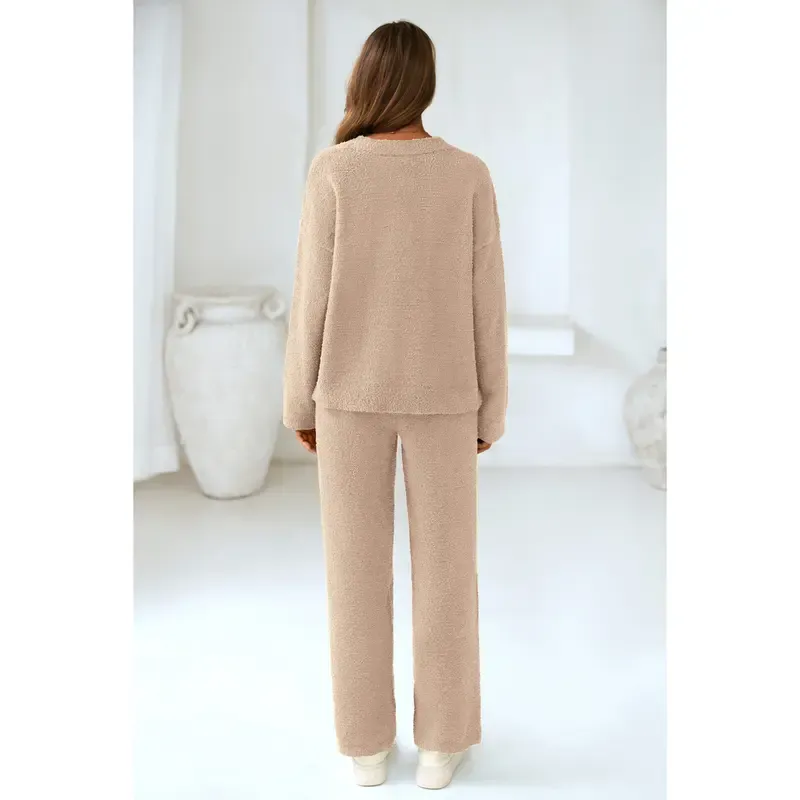 Women's 2-Piece Lounge Set Soft Chunky V Neck Tops& Wide Leg Long