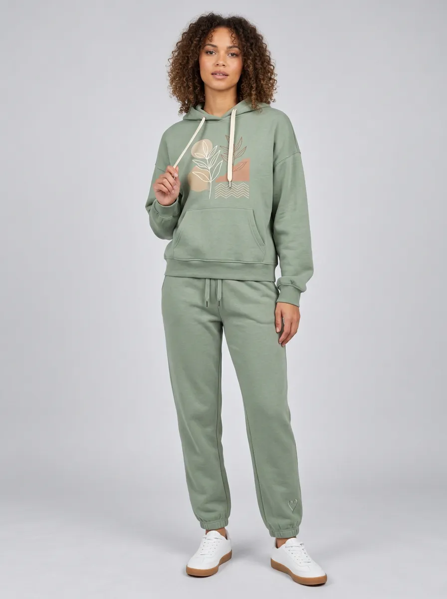 Women's Sage Green Cuffed Pants Relaxed Fit Solid Hoodie & Pants Set