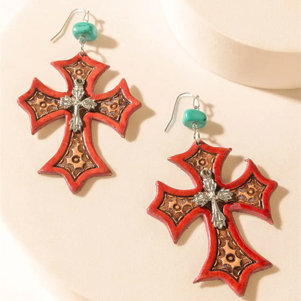 Rustic Polished Artful Cross Earrings