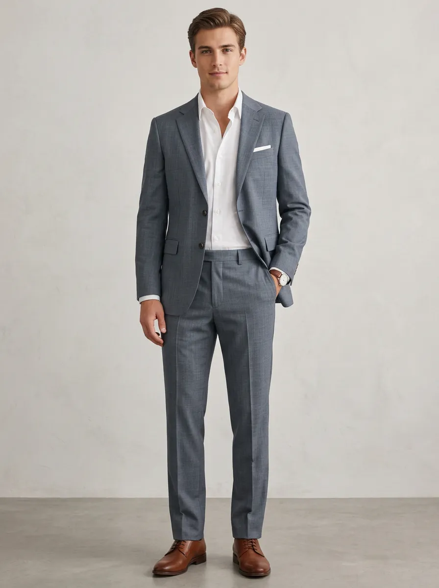 Men's Business Formal Solid Blue Slim Fit Suit Set