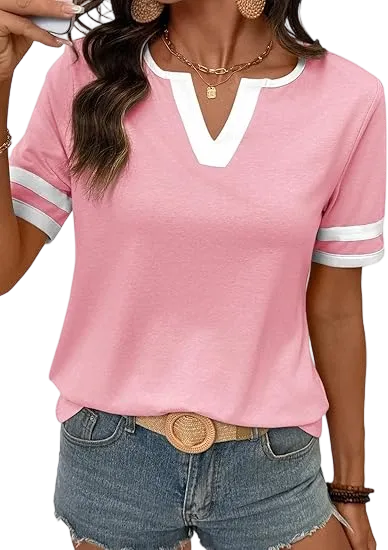 Spring/Summer Women's Casual Color Block V-Neck T-Shirt