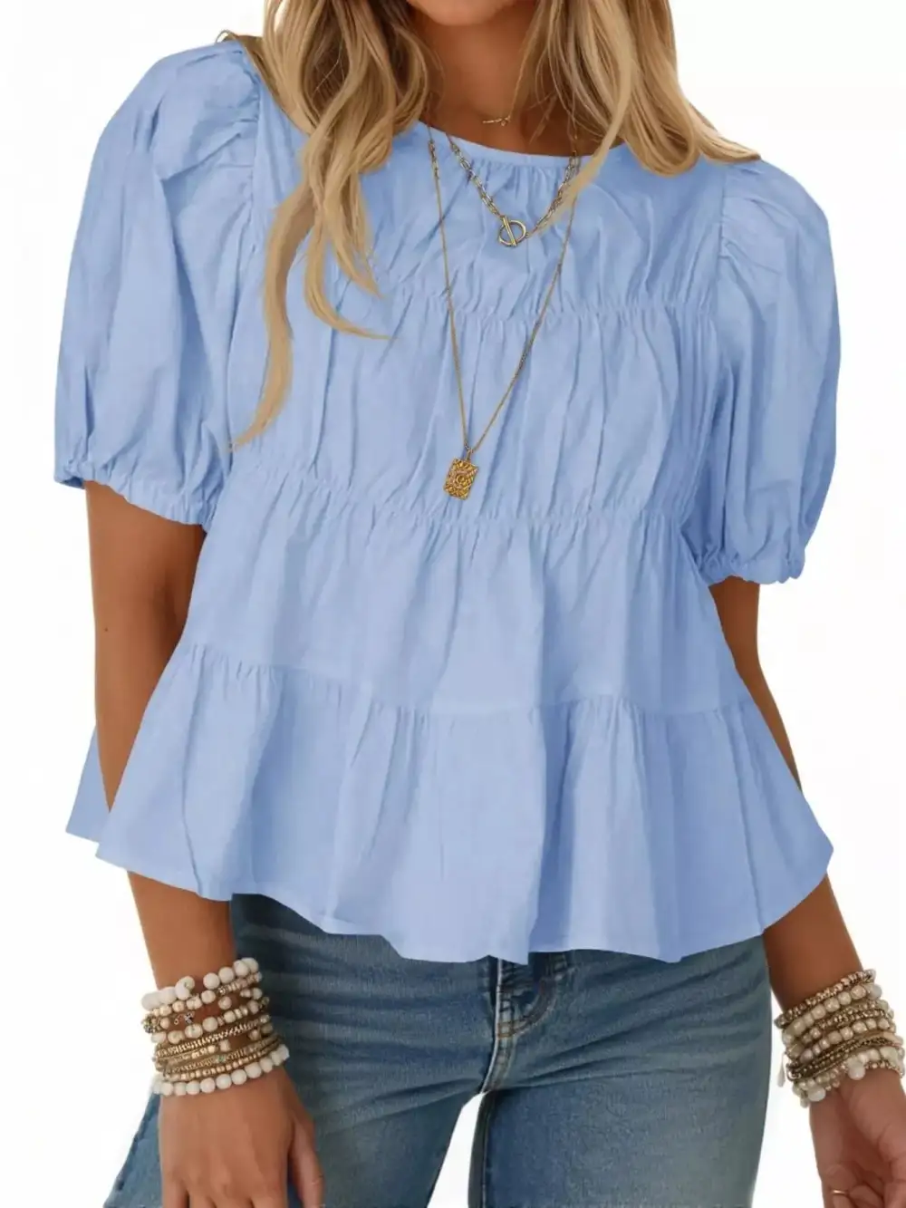 Ruched Tiered Puff Sleeve Blouse