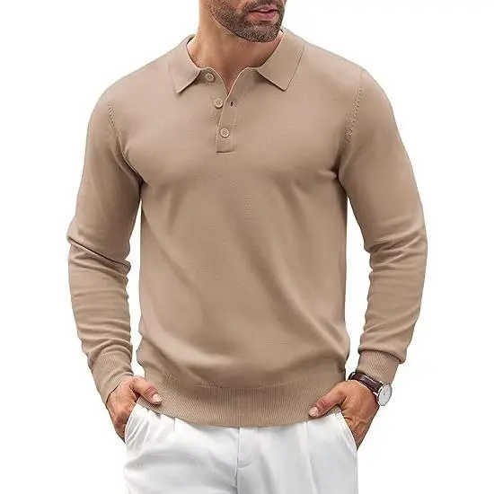 🧵 Men’s Soft Knit Long Sleeve Polo Shirt – Classic Style, Modern Comfort