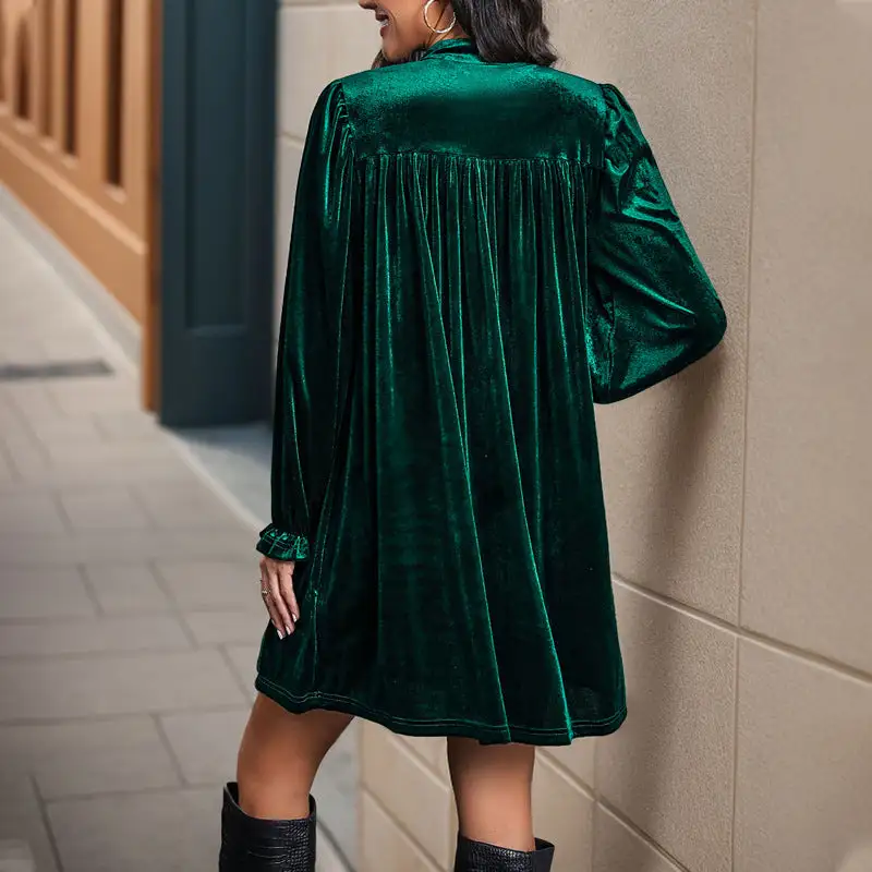 Women's V-Neck Long-Sleeve Velvet Ruffled Dress