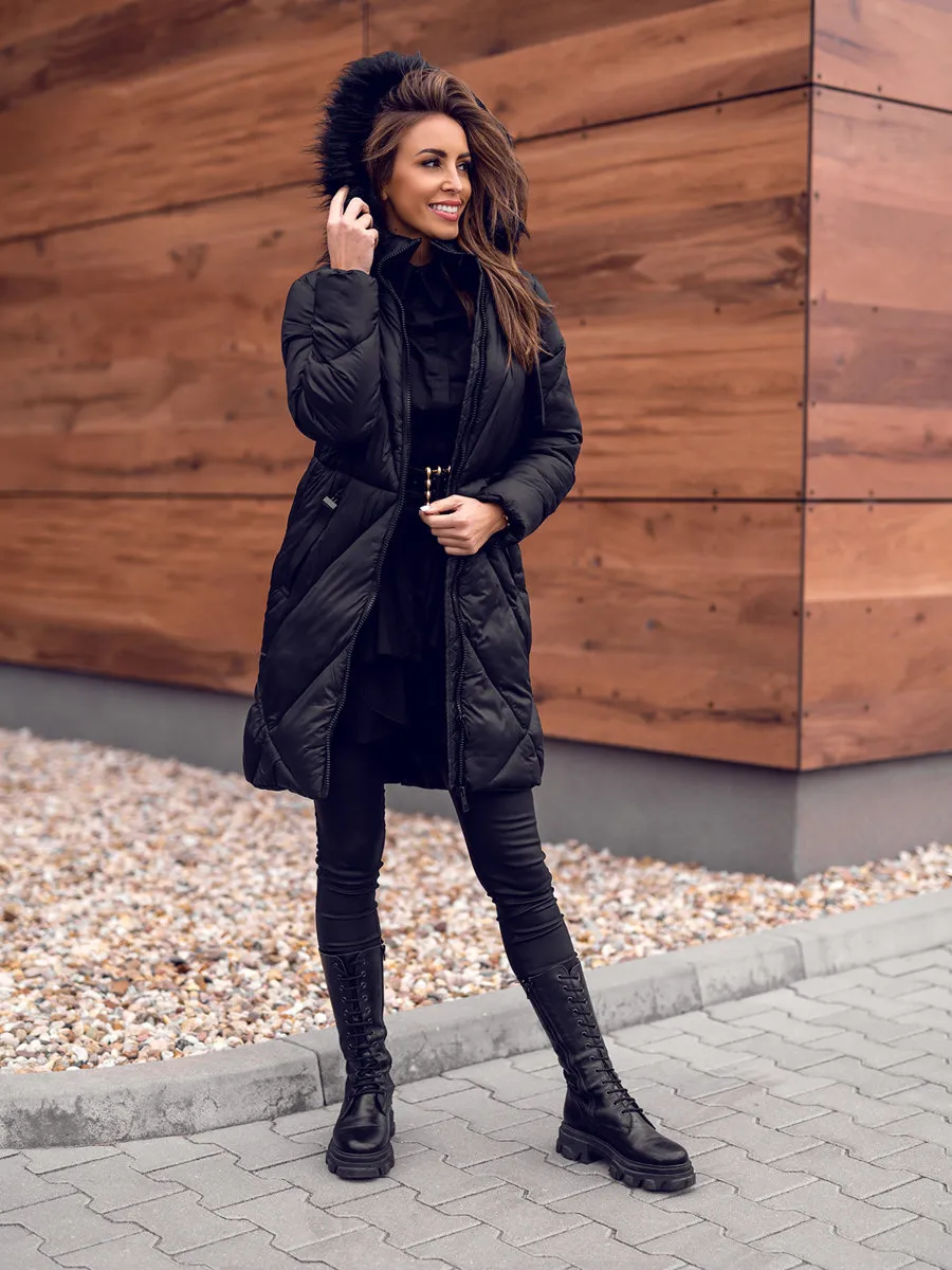 women's black quilted winter jacket with hood