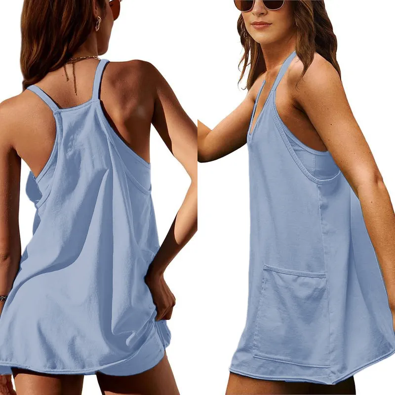 Women'S Womens Athletic Sleeveless Mini Dress With Built-In Shorts V Neck Spaghetti Strap Short Tennis Dress With Pockets