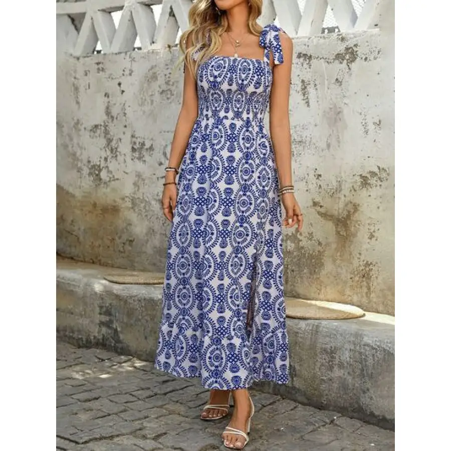 Perfee Slit Smocked Square Neck Printed Maxi Cami Dress
