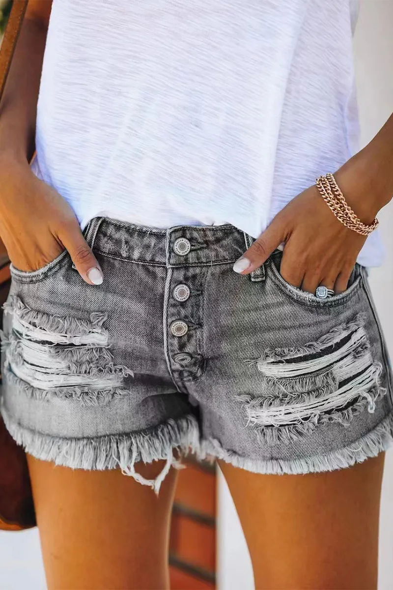 Button Fly Distressed Raw Hem Denim Shorts