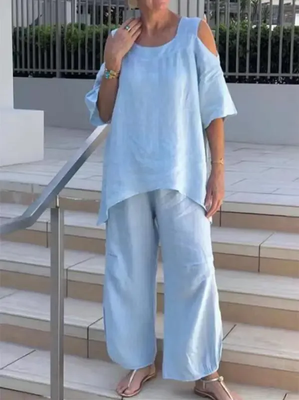 Solid Color Fashionable Round Neck Pullover Short Sleeve Pants Suit