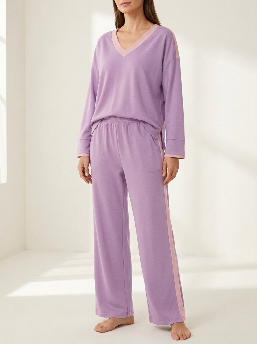 Women's Contrast-Trim V-Neck Elastic-Waist Wide-Leg Lounge Set