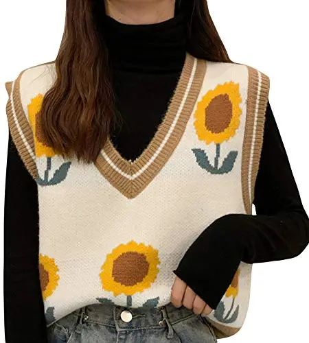 Women V Neck Sweater Vest Y2K 90s Floral Pattern Knit Tank Top Sleeveless Knitwear Black