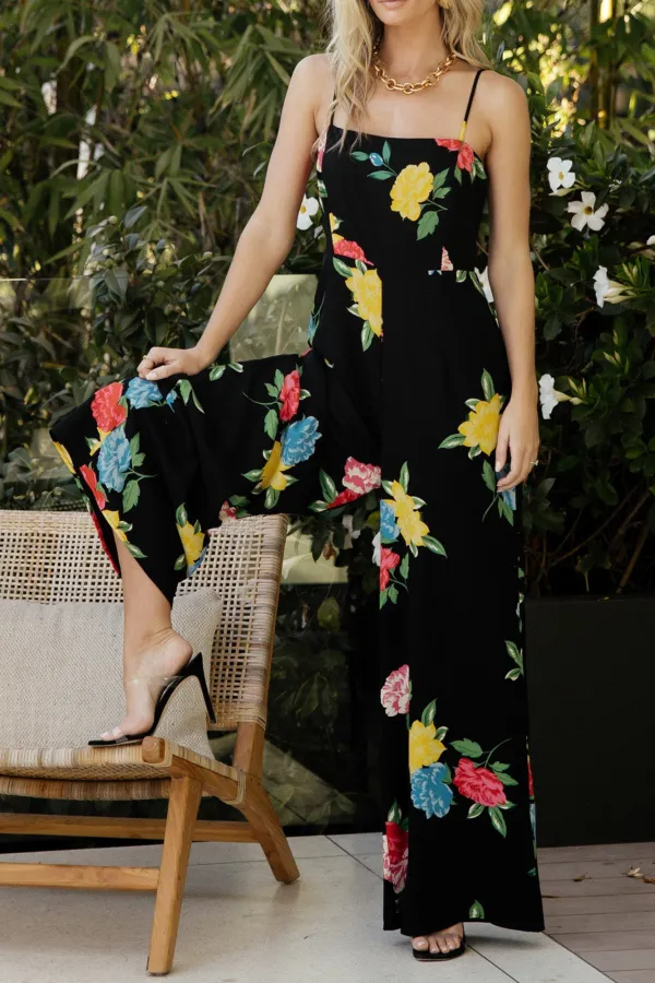 Loose And Comfortable; Slimming Black Floral Jumpsuit