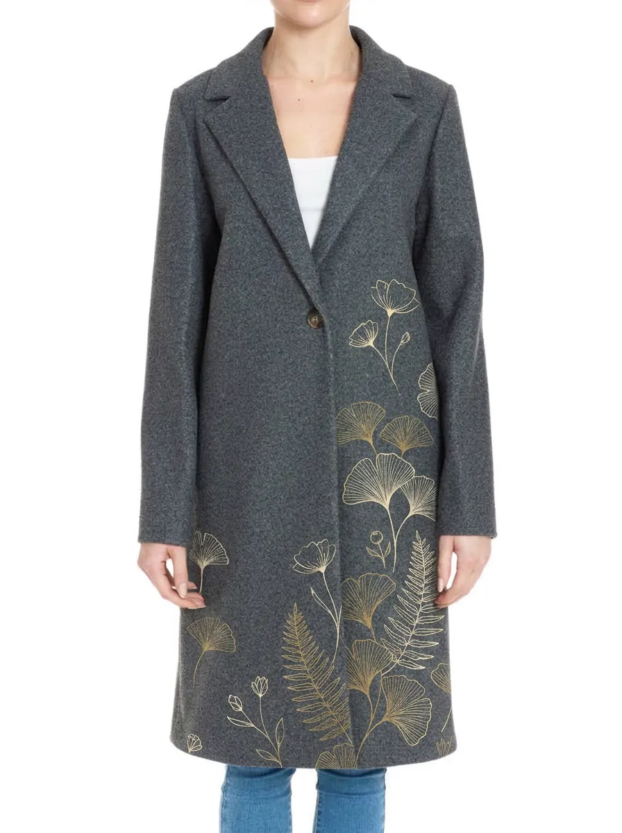 Women's Botanical Nature Lover Gold Ginkgo Fern Printed Coat