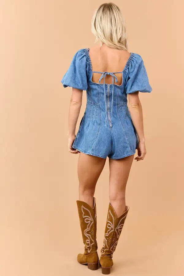 Wash Denim Bubble Sleeve Pleated Romper