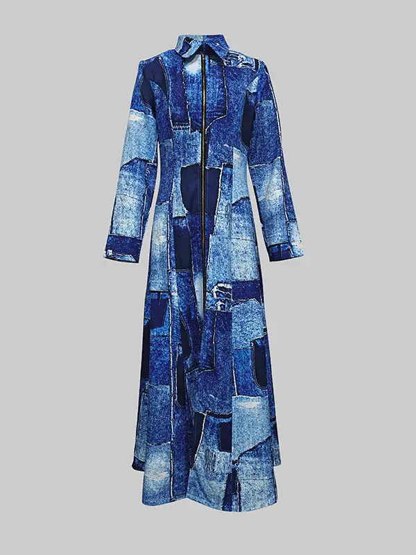 Sleeves Printed Long Shirt Maxi Dress