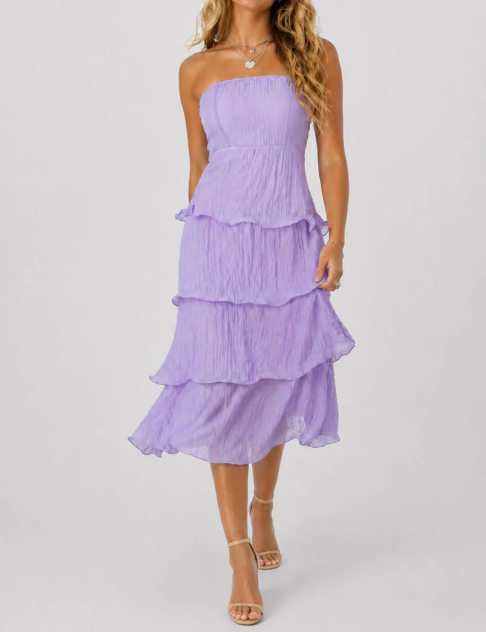 Chic Crinkle Strapless Tiered Ruffle Tube Midi Dress