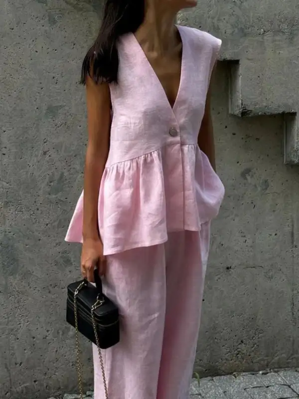 One Button Sleeveless Top and Wide-leg Pants Set