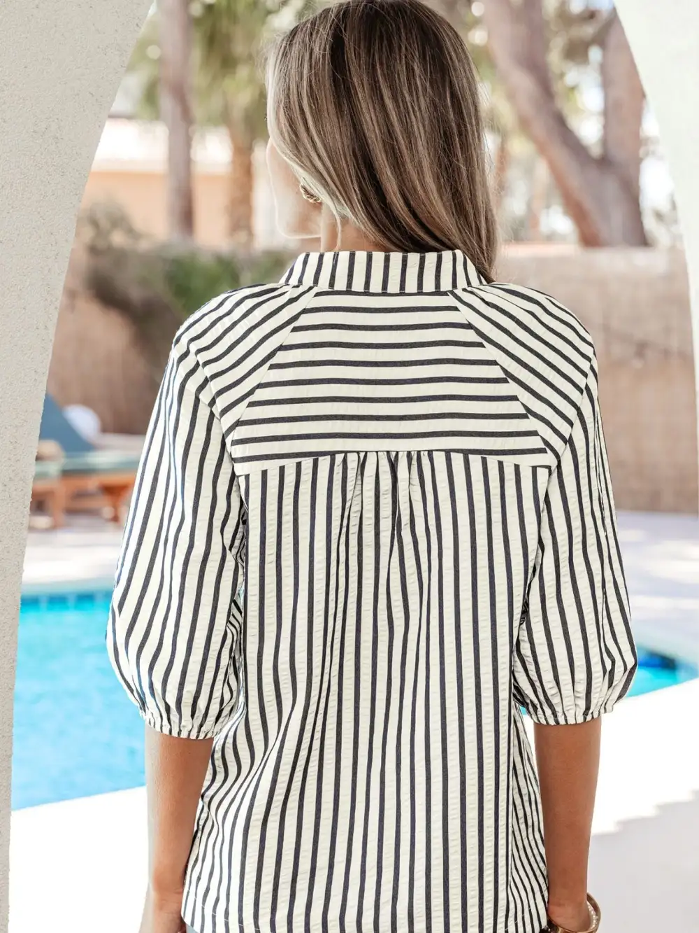 Stripe Floral Embroidered Detail V Neck Short Sleeve Blouse