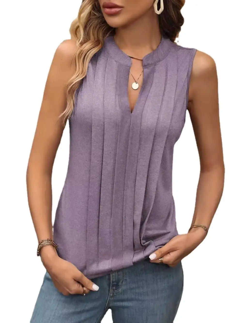 Sleeveless Pleated Notched Tank