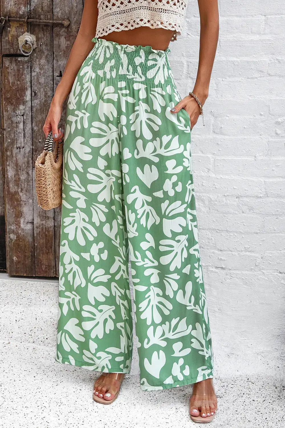 Textured Smocked Wide Leg Pants