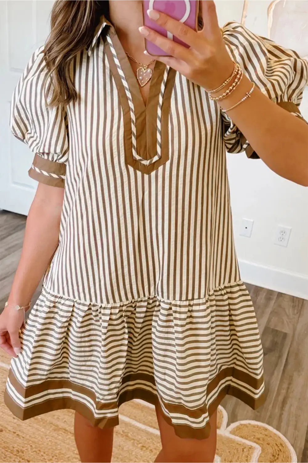 Stripe Shirt Collar Color Block Patchwork Trim Ruffle Hem Short Dress