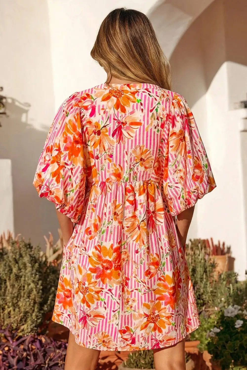 Floral Striped Puff Sleeve Mini Dress