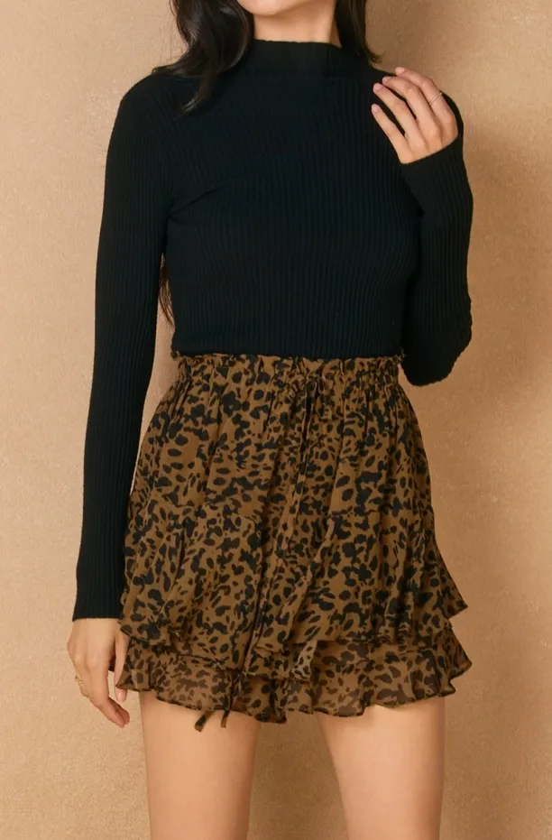 Leopard Print Flared Ruffle Mini Skirt