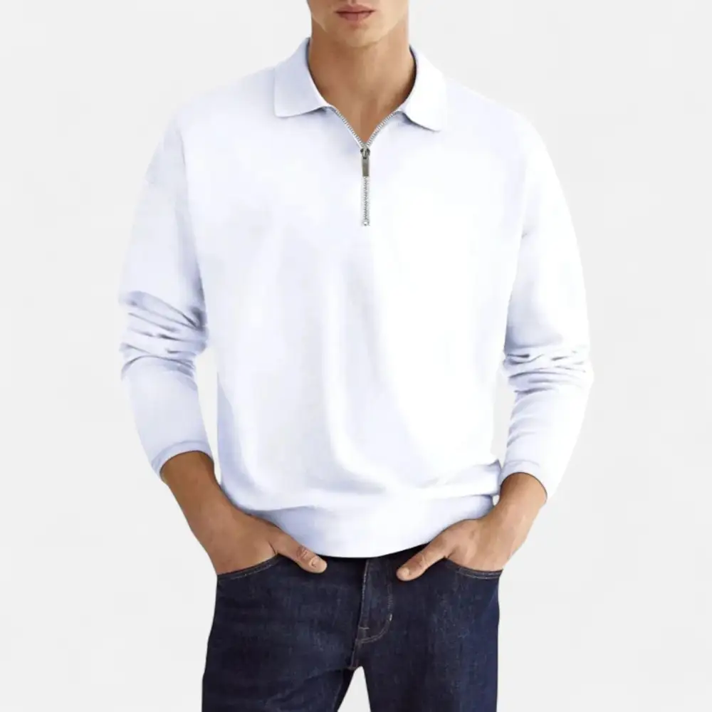 Denim Zip Collar Long Sleeve Polo Shirt